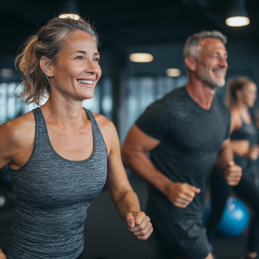 middle-aged adults training together in modern fitness environment